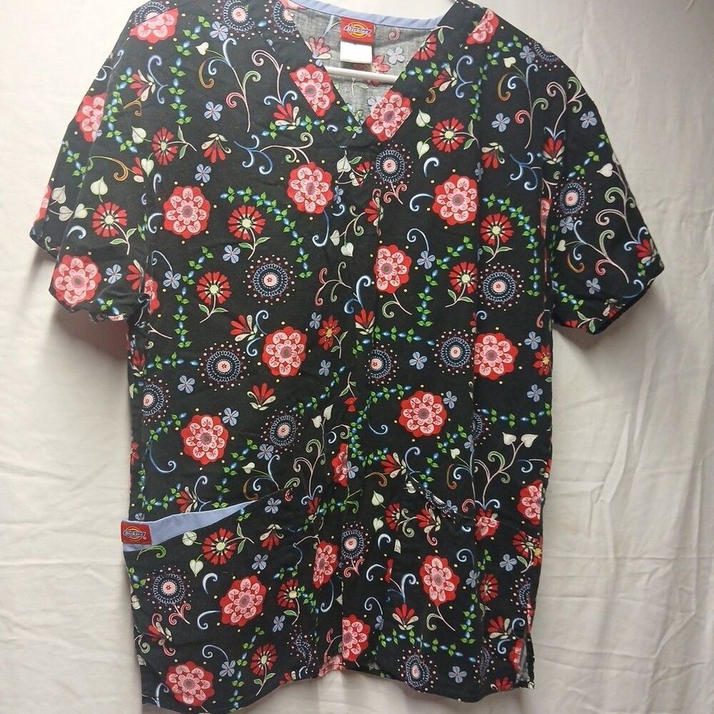 Dickies Scrub Top 3 Pocket Drawstring Floral/Black Women's Size M